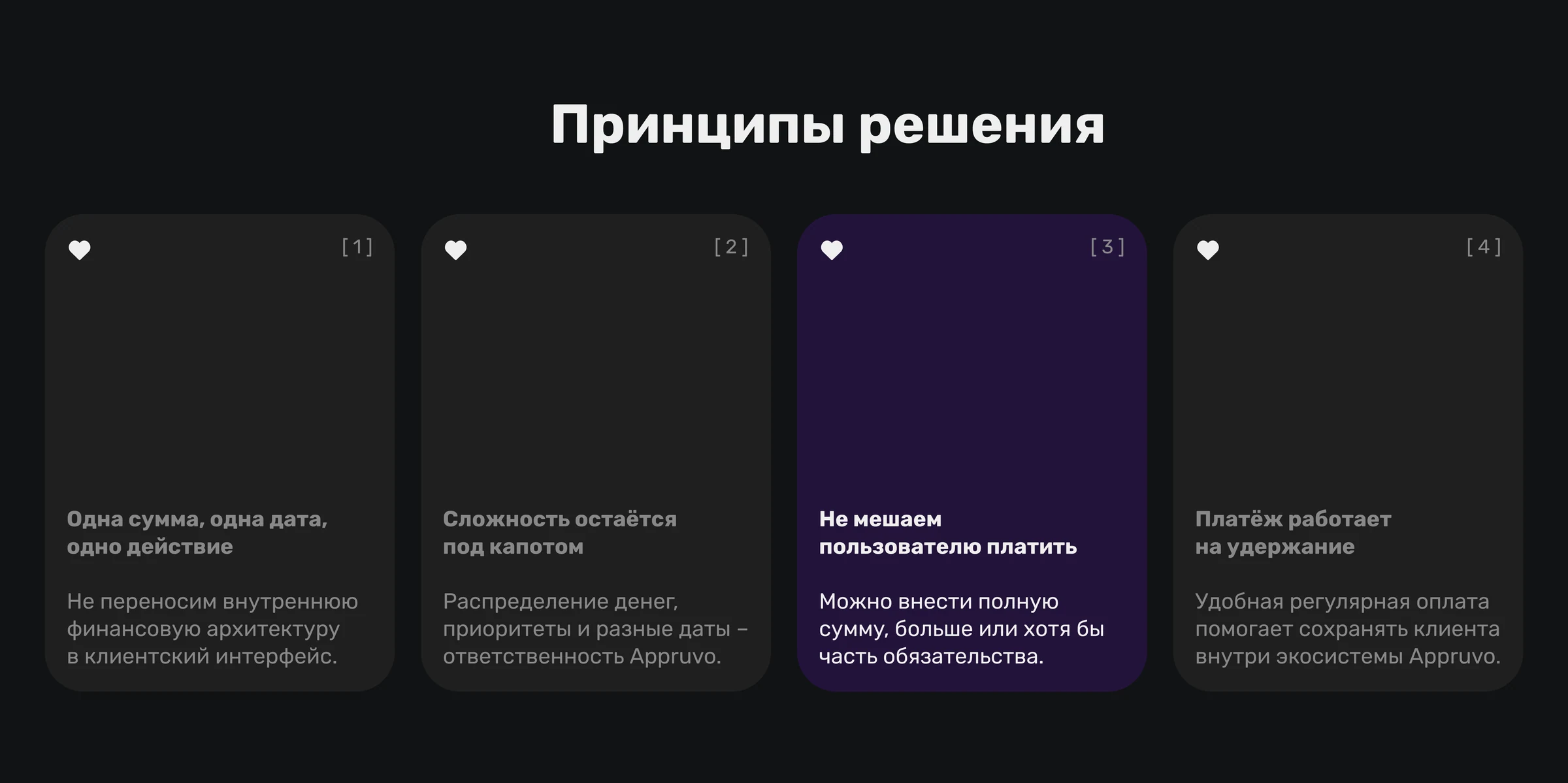 Принципы решения: одна сумма и дата, сложность под капотом, гибкая оплата и удержание клиента